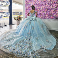 Misshow Exquisite Sky Blue Ball Gown Off-Shoulder Beaded Tulle Quinceanera Dress with Floral Appliques for Princess Birthday & Sweet 16 Celebrations