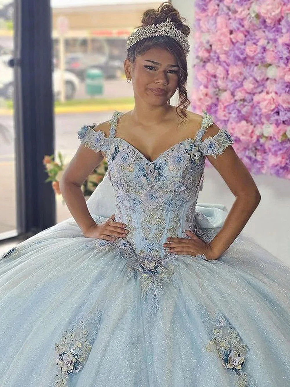 Misshow Exquisite Sky Blue Ball Gown Off-Shoulder Beaded Tulle Quinceanera Dress with Floral Appliques for Princess Birthday & Sweet 16 Celebrations