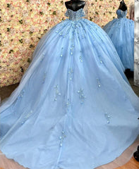 Misshow Exquisite Sky Blue Off-Shoulder Ball Gown with Floral Appliques & Beaded Details Perfect for Quinceanera & Sweet 16