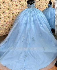 Misshow Exquisite Sky Blue Off-Shoulder Ball Gown with Floral Appliques & Beaded Details Perfect for Quinceanera & Sweet 16