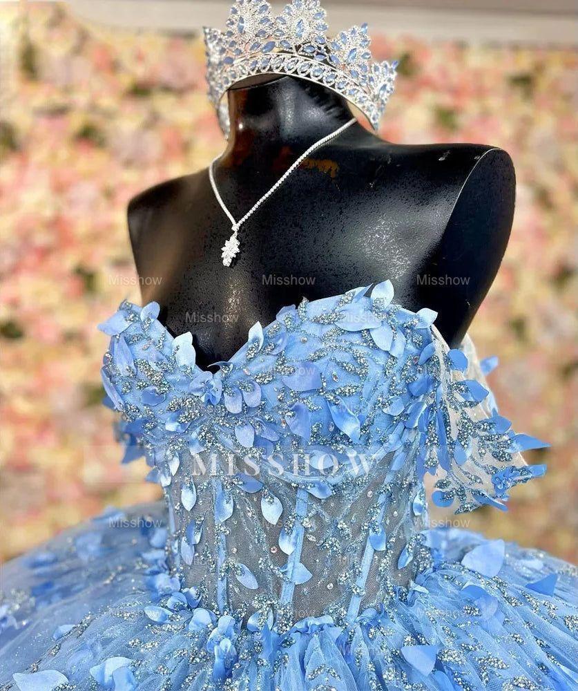 Misshow Exquisite Sky Blue Off-Shoulder Ball Gown with Floral Appliques & Beaded Details Perfect for Quinceanera & Sweet 16