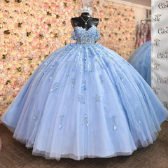 Misshow Exquisite Sky Blue Off-Shoulder Ball Gown with Floral Appliques & Beaded Details Perfect for Quinceanera & Sweet 16