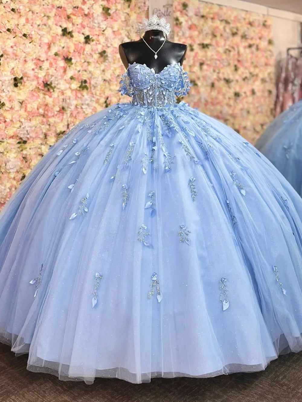 Misshow Exquisite Sky Blue Off-Shoulder Ball Gown with Floral Appliques & Beaded Details Perfect for Quinceanera & Sweet 16