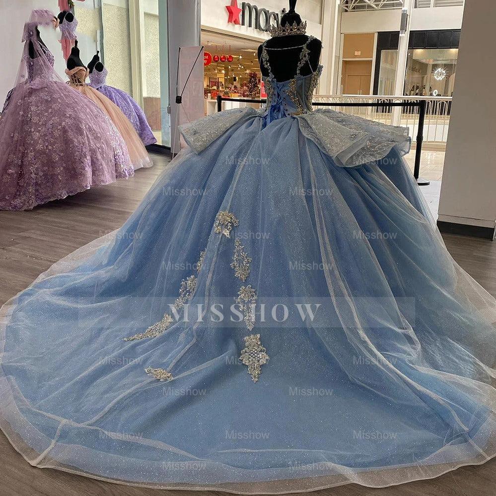 Misshow Exquisite Sky Blue Tulle Princess Ball Gown Strapless Sweet 16 & Quinceanera Dress with Floral Lace Appliques and Beading