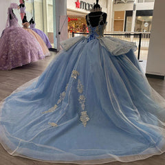 Misshow Exquisite Sky Blue Tulle Princess Ball Gown Strapless Sweet 16 & Quinceanera Dress with Floral Lace Appliques and Beading