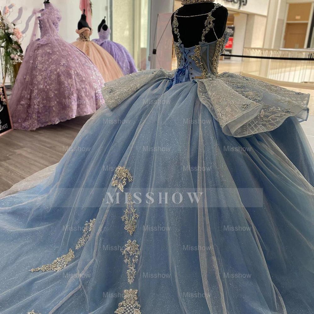 Misshow Exquisite Sky Blue Tulle Princess Ball Gown Strapless Sweet 16 & Quinceanera Dress with Floral Lace Appliques and Beading