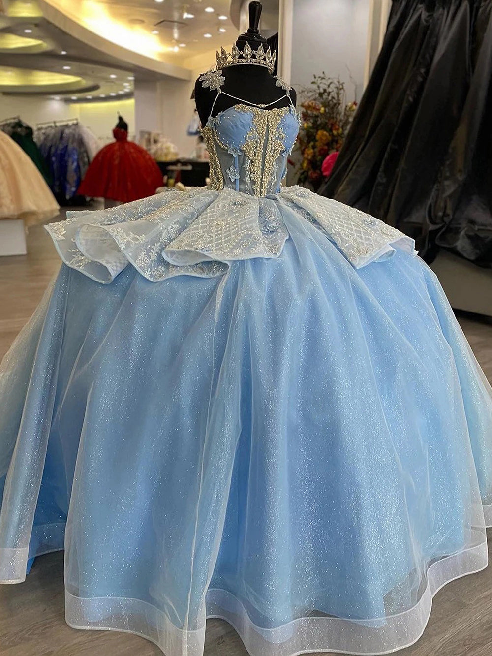 Misshow Exquisite Sky Blue Tulle Princess Ball Gown Strapless Sweet 16 & Quinceanera Dress with Floral Lace Appliques and Beading