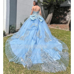 Misshow Exquisite Sky Blue Tulle Quinceanera Dress Strapless Ball Gown with Lace Appliques Beaded Details & Tiered Ruffles for Sweet 16 & Birthday Celebrations
