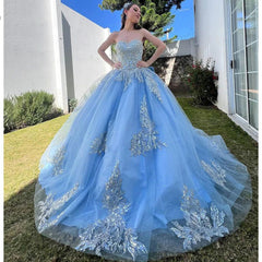 Misshow Exquisite Sky Blue Tulle Quinceanera Dress Strapless Ball Gown with Lace Appliques Beaded Details & Tiered Ruffles for Sweet 16 & Birthday Celebrations