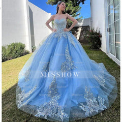 Misshow Exquisite Sky Blue Tulle Quinceanera Dress Strapless Ball Gown with Lace Appliques Beaded Details & Tiered Ruffles for Sweet 16 & Birthday Celebrations