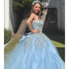 Misshow Exquisite Sky Blue Tulle Quinceanera Dress Strapless Ball Gown with Lace Appliques Beaded Details & Tiered Ruffles for Sweet 16 & Birthday Celebrations