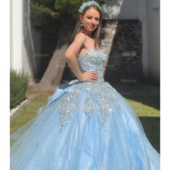 Misshow Exquisite Sky Blue Tulle Quinceanera Dress Strapless Ball Gown with Lace Appliques Beaded Details & Tiered Ruffles for Sweet 16 & Birthday Celebrations