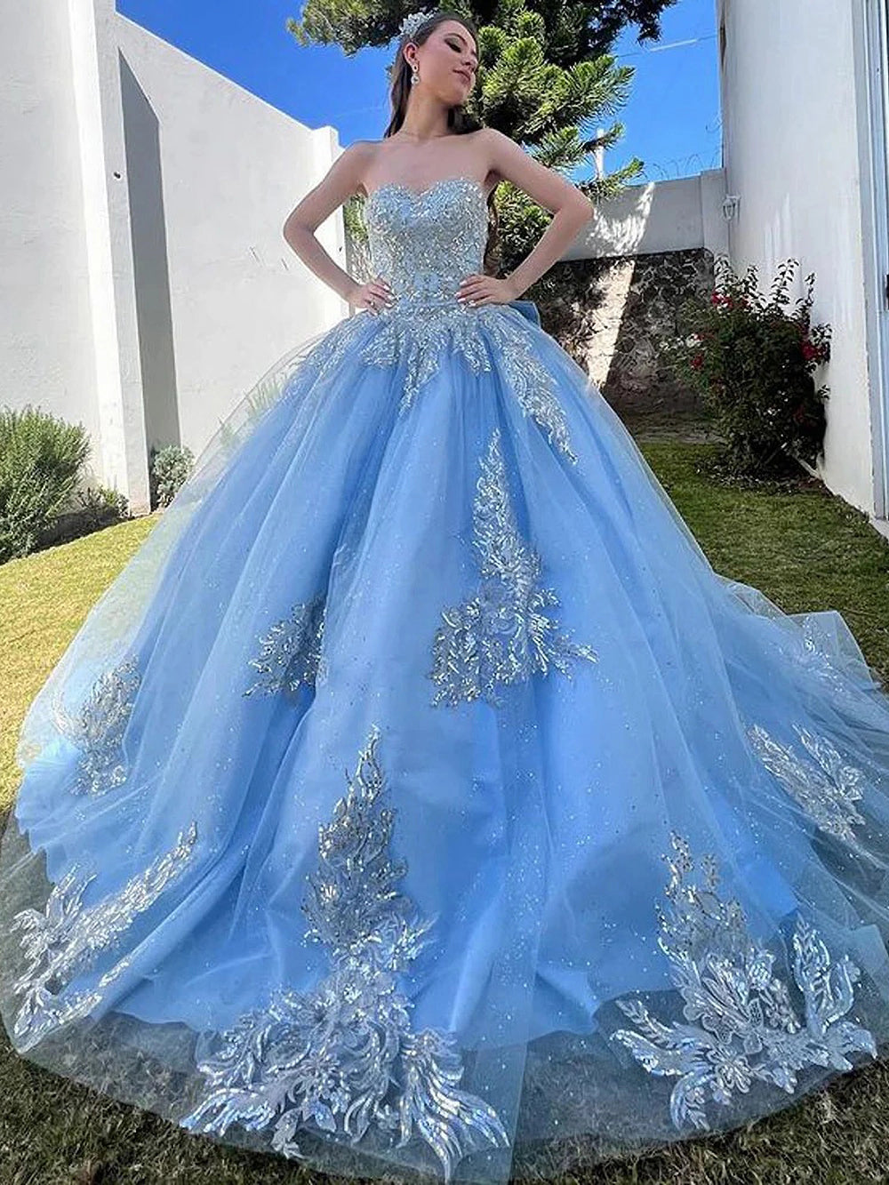 Misshow Exquisite Sky Blue Tulle Quinceanera Dress Strapless Ball Gown with Lace Appliques Beaded Details & Tiered Ruffles for Sweet 16 & Birthday Celebrations
