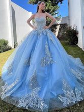 Misshow Exquisite Sky Blue Tulle Quinceanera Dress Strapless Ball Gown with Lace Appliques Beaded Details & Tiered Ruffles for Sweet 16 & Birthday Celebrations