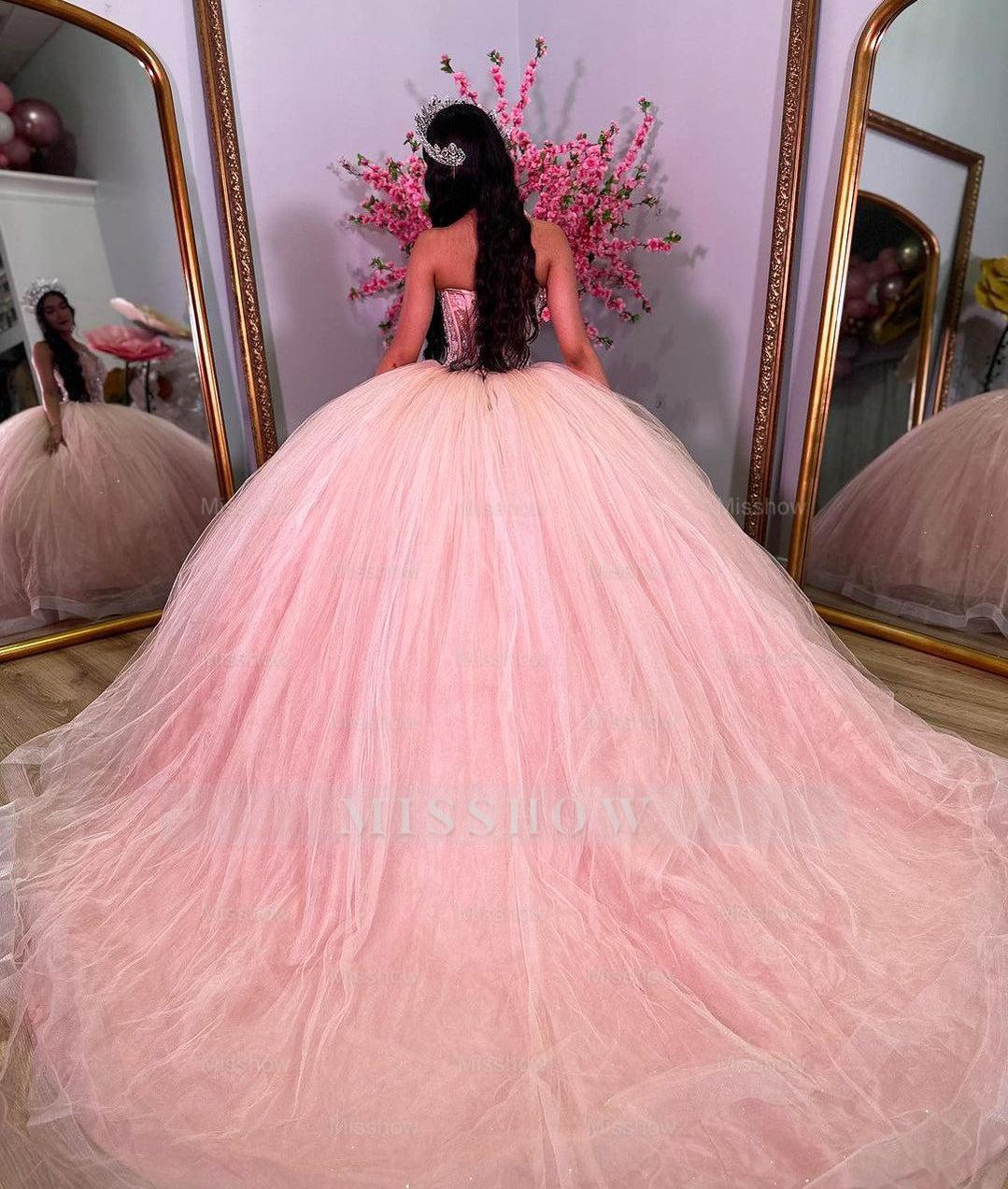 Misshow Exquisite Strapless Ball Gown Lace Appliques & Beaded Pink Tulle Princess Dress for Quinceanera Sweet 16 & Formal Evenings