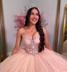 Misshow Exquisite Strapless Ball Gown Lace Appliques & Beaded Pink Tulle Princess Dress for Quinceanera Sweet 16 & Formal Evenings