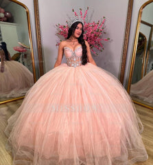 Misshow Exquisite Strapless Ball Gown Lace Appliques & Beaded Pink Tulle Princess Dress for Quinceanera Sweet 16 & Formal Evenings