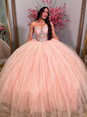 Misshow Exquisite Strapless Ball Gown Lace Appliques & Beaded Pink Tulle Princess Dress for Quinceanera Sweet 16 & Formal Evenings