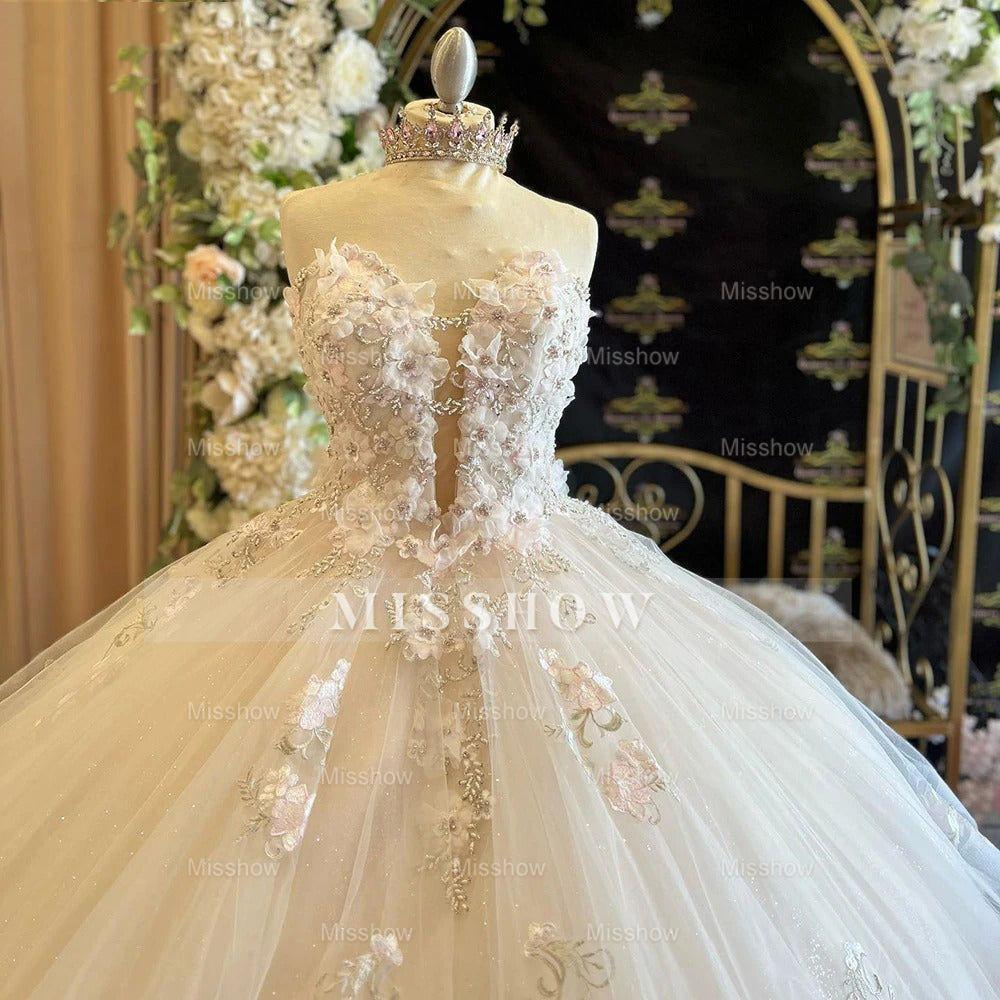 Misshow Exquisite Strapless Ball Gown with Floral Lace Appliques Perfect for Prom Quinceanera & Sweet 16 Celebrations