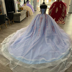 Misshow Exquisite Strapless Ball Gown with Floral Lace Appliques Sweep Train Tulle Quinceanera & Sweet 16 Evening Dress
