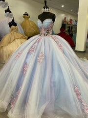 Misshow Exquisite Strapless Ball Gown with Floral Lace Appliques Sweep Train Tulle Quinceanera & Sweet 16 Evening Dress