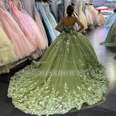 Misshow Exquisite Strapless Ball Gown with Lace Appliques & Sweep Train Perfect for Quinceanera Sweet 16 and Prom