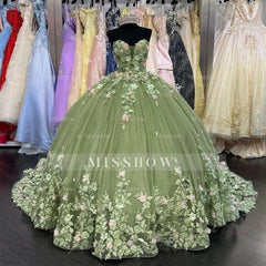 Misshow Exquisite Strapless Ball Gown with Lace Appliques & Sweep Train Perfect for Quinceanera Sweet 16 and Prom