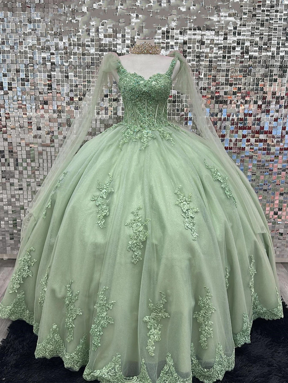 Misshow Exquisite Strapless Green Tulle Ball Gown with Appliques Perfect for Quinceanera & Sweet 16 Celebrations