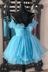 Misshow Fluffy Blue A-Line Strapless Ruffled Short Homecoming Dress/Mini Dress