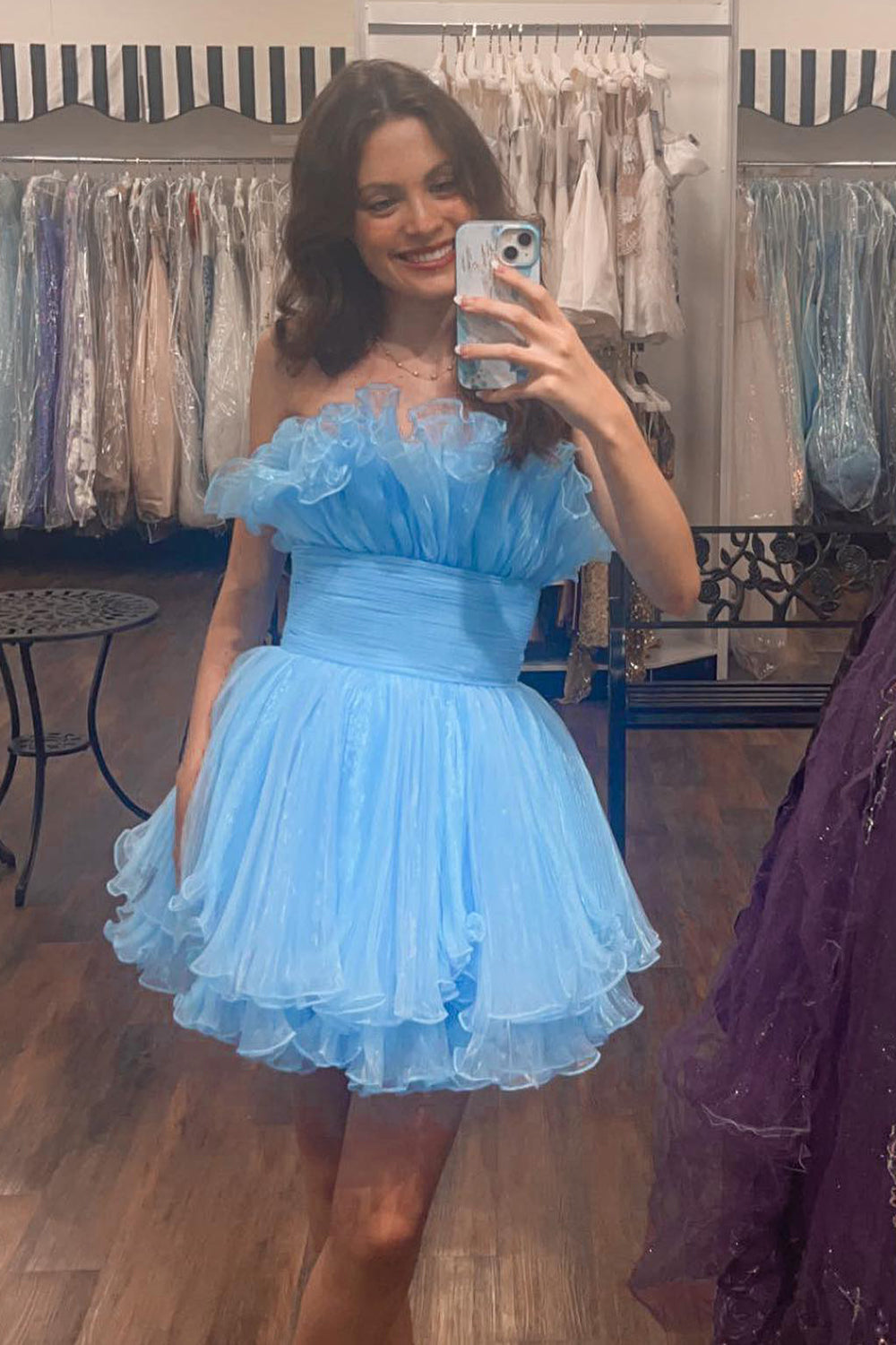 Misshow Fluffy Blue A-Line Strapless Ruffled Short Homecoming Dress/Mini Dress