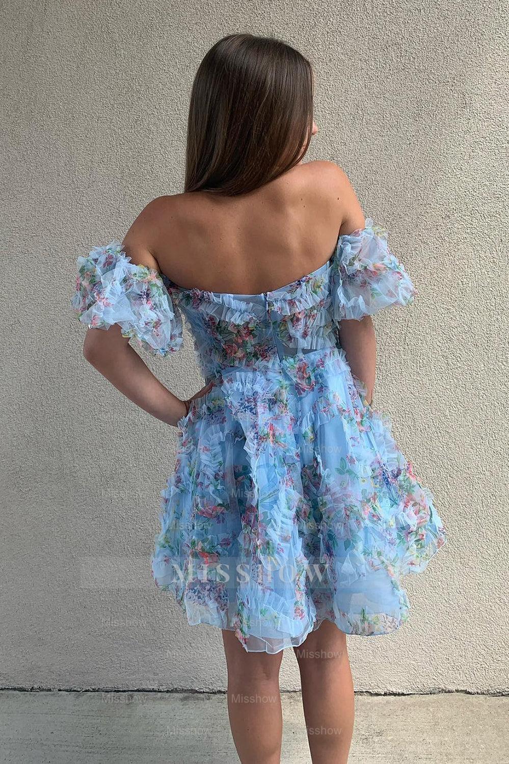 Misshow Fluffy Blue Corset Off The Shoulder A-Line Short Homecoming Dress/Mini Dress