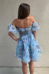 Misshow Fluffy Blue Corset Off The Shoulder A-Line Short Homecoming Dress/Mini Dress