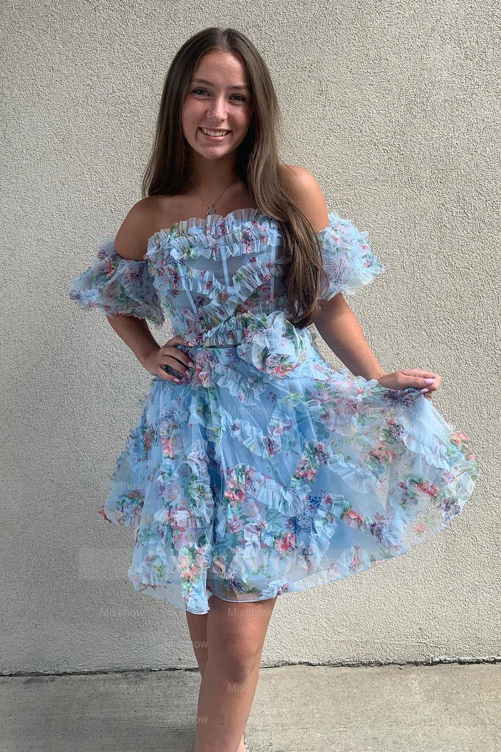 Misshow Fluffy Blue Corset Off The Shoulder A-Line Short Homecoming Dress/Mini Dress