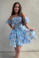 Misshow Fluffy Blue Corset Off The Shoulder A-Line Short Homecoming Dress/Mini Dress