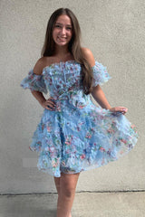 Misshow Fluffy Blue Corset Off The Shoulder A-Line Short Homecoming Dress/Mini Dress
