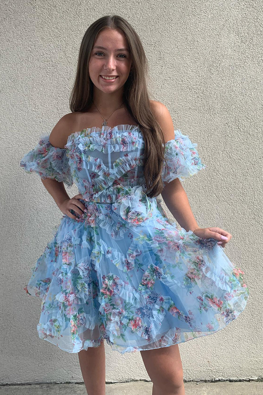 Misshow Fluffy Blue Corset Off The Shoulder A-Line Short Homecoming Dress/Mini Dress