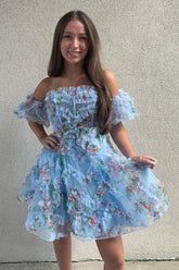 Misshow Fluffy Blue Corset Off The Shoulder A-Line Short Homecoming Dress/Mini Dress