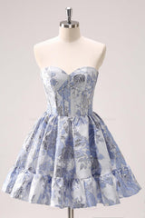 Misshow Fluffy Blue Floral Corset Strapless A Line Short Homecoming Dress/Mini Dress