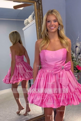 Misshow Fluffy Fuchsia Strapless A Line Tiered Short Homecoming Dress/Mini Dress with Bow