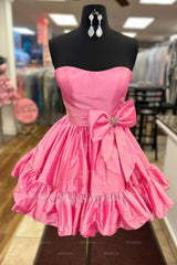 Misshow Fluffy Fuchsia Strapless A Line Tiered Short Homecoming Dress/Mini Dress with Bow