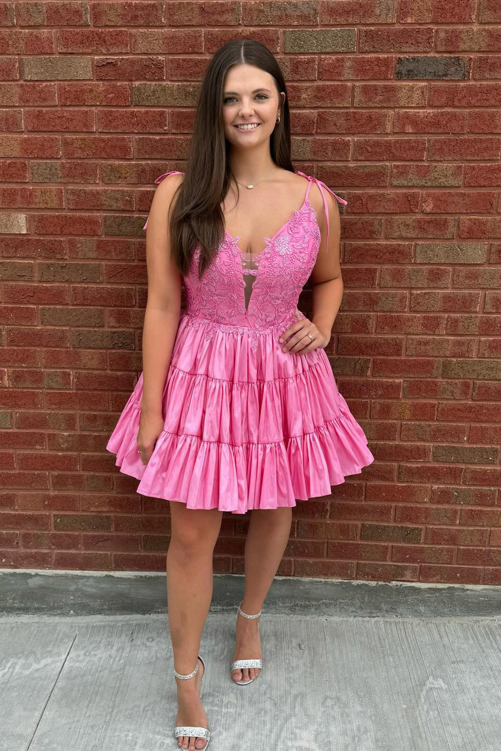 Misshow Fluffy Pink A Line Ruffled Short Homecoming Dress/Mini Dress with Lace