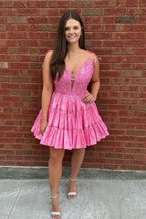 Misshow Fluffy Pink A Line Ruffled Short Homecoming Dress/Mini Dress with Lace