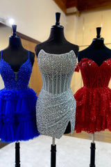 Misshow Fluffy Royal Blue A Line Halter Tiered Short Corset Homecoming Dress/Mini Dress