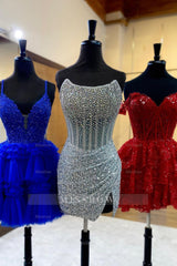 Misshow Fluffy Royal Blue A Line Halter Tiered Short Corset Homecoming Dress/Mini Dress