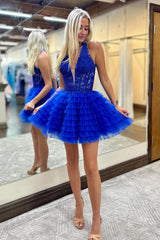 Misshow Fluffy Royal Blue A Line Halter Tiered Short Corset Homecoming Dress/Mini Dress