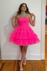 Misshow Fuchsia A-Line Sweetheart Tulle Tiered Corset Short Homecoming Dress/Mini Dress