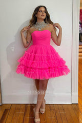 Misshow Fuchsia A-Line Sweetheart Tulle Tiered Corset Short Homecoming Dress/Mini Dress