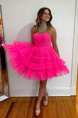 Misshow Fuchsia A-Line Sweetheart Tulle Tiered Corset Short Homecoming Dress/Mini Dress