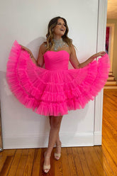 Misshow Fuchsia A-Line Sweetheart Tulle Tiered Corset Short Homecoming Dress/Mini Dress