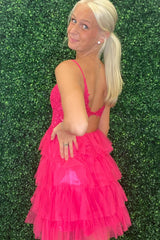 Misshow Fuchsia A Line Tiered Corset Short Homecoming Dress/Mini Dress With Appliques